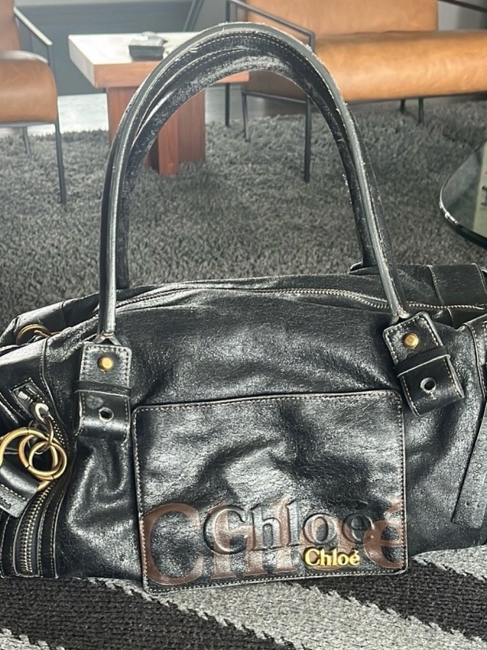 Chloé Black Leather Satchel with Logo Plaque